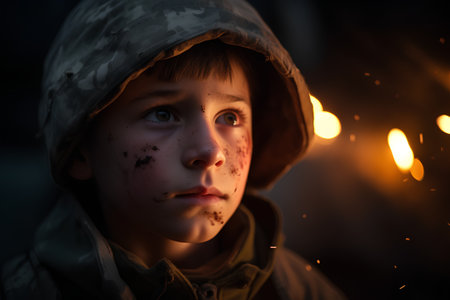 Portrait of a boy in a hooded jacket and with blood on his face. The child is afraid of fire.の素材