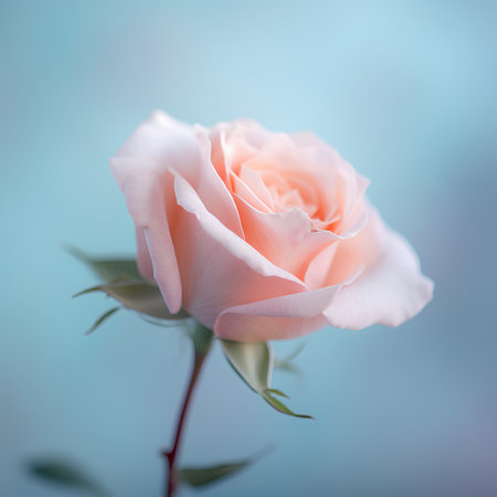 Beautiful pink rose on a blue background. Soft selective focus.の素材