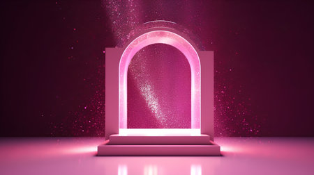 Abstract pink background with glowing arch. 3d render. Square composition.の素材