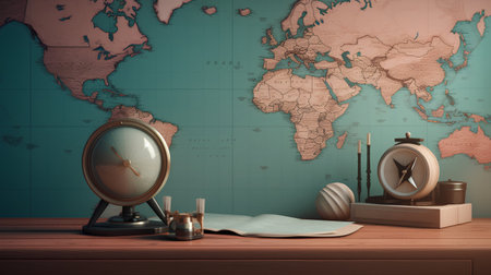 Vintage interior with clock on wooden table and world map. 3d renderの素材