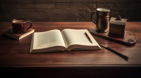 Open book with pen and cup of coffee on wooden table. Toned.の素材