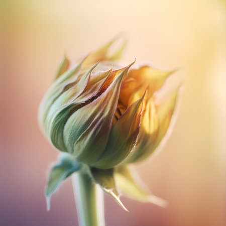 Beautiful sunflower bud on a blurred background. Close-up.の素材