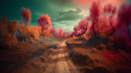 Autumn landscape with red trees and dirt road. 3d renderingの素材