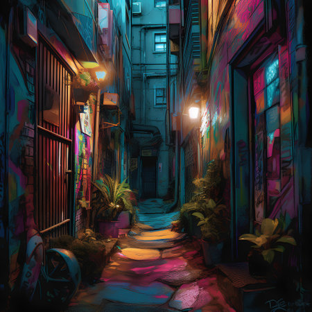 Mysterious dark alley with neon lights, 3d illustration.の素材