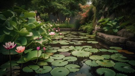 Beautiful pond with lotus flowers in the garden. Vintage style.の素材