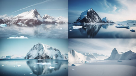 Collage of four pictures of icebergs in arctic landscape.の素材