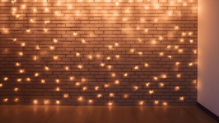 Empty room with brick wall and glowing garland. 3d renderの素材