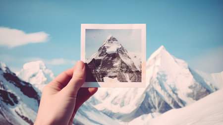 Hands holding a photo with mountains on the background, vintage toneの素材