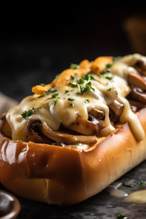 Delicious hot dog with mushrooms and cheese on a dark background.の素材