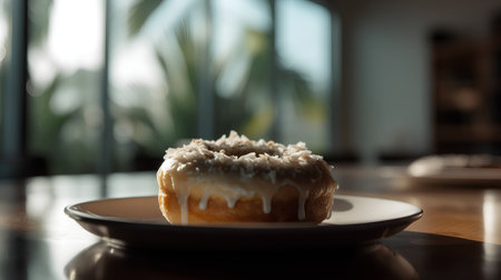 Donut with white glaze on a plate on a wooden table.の素材