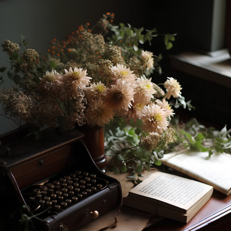 Still life with vintage typewriter, books and dried flowers. Selective focus.の素材