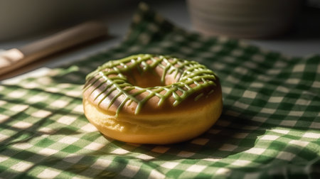 Donut with green glaze on a green checkered tableclothの素材