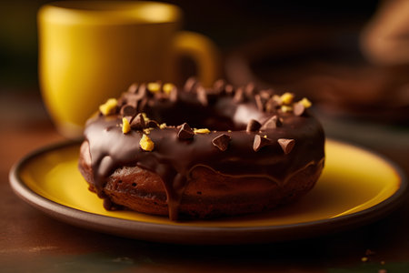 Chocolate donut with chocolate glaze on yellow plate and cup of coffeeの素材