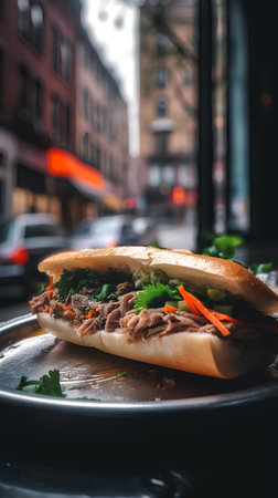 Tuna sandwich on a plate in the street of New York Cityの素材