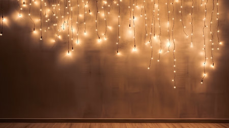 Christmas garland lights on wooden floor with copy space in the backgroundの素材