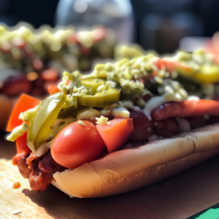 Hot dog with ketchup, mustard and vegetables on a wooden boardの素材