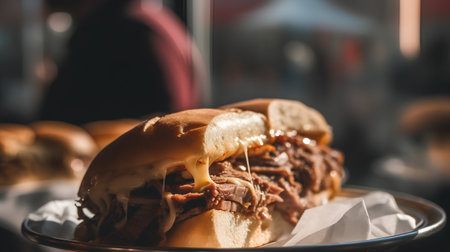 Hamburger with beef and cheese on a plate in a cafeの素材