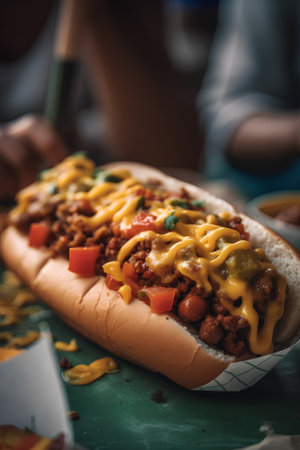 Close up of a hot dog with ground beef, tomato and cheeseの素材