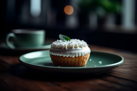 Cupcake with whipped cream and mint leaf on green plate.の素材