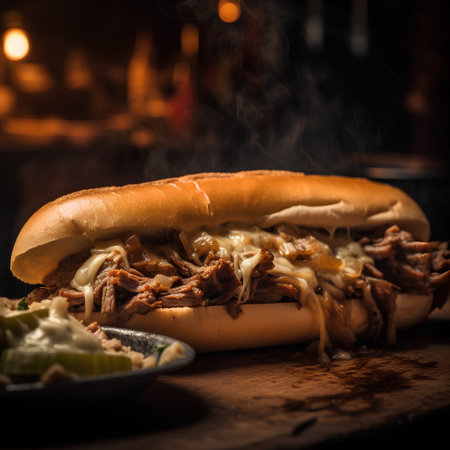Close up of a hot dog with melted cheese on a wooden board.の素材