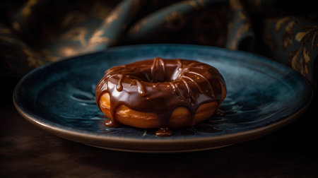 Donut with chocolate glaze on a blue plate. Toned.の素材