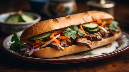 Beef sandwich with vegetables on a rustic wooden table. Selective focus.の素材
