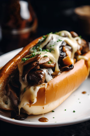 Delicious hot dog with mushrooms and mayonnaise on white plateの素材