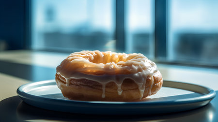 Sweet glazed donuts on a blue plate near the window.の素材