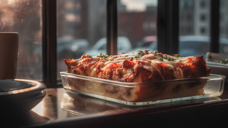 Baked lasagna in a glass box on a table in a restaurantの素材
