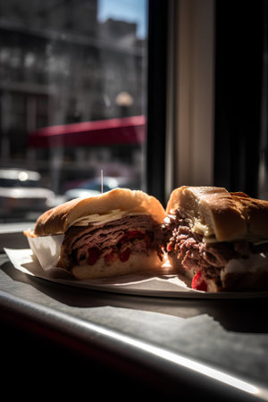 Tasty sandwich with meat, cheese and cherry on a plate near the windowの素材