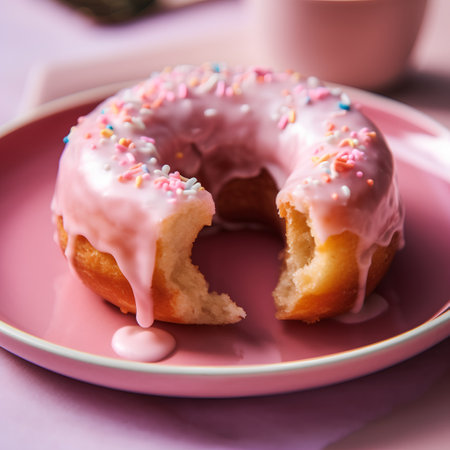 Pink donut with sprinkles on a pink plate. Selective focus.の素材