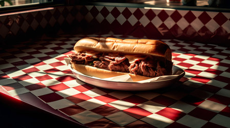 Sandwich with beef and cheese on a red checkered tableclothの素材