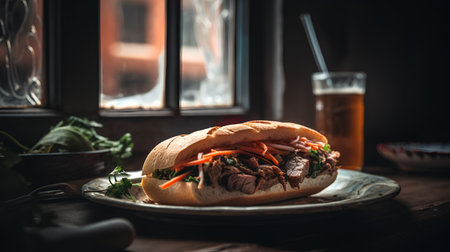 Doner kebab sandwich on a rustic wooden table.の素材