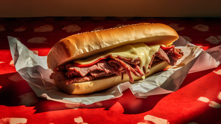Hot dog with beef and cheese on a red background. Toned.の素材