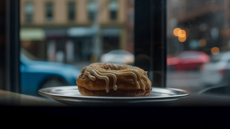 Donut with sugar glaze on a plate on the background of the window.の素材