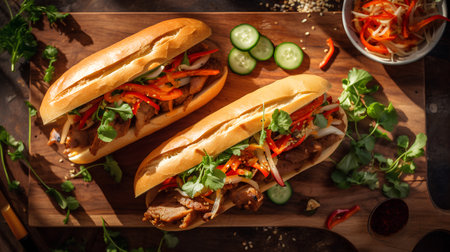 Delicious hot dogs with meat, vegetables and herbs on wooden backgroundの素材