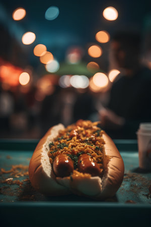 Hot dog on the street in the evening. Street food concept.の素材