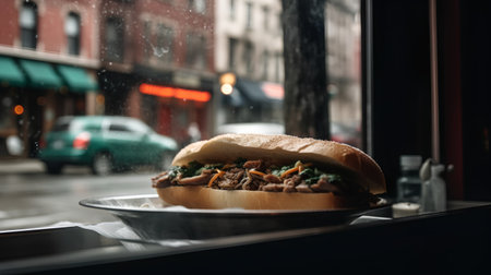 Tasty burger on the street cafe. Fast food. Toned.の素材