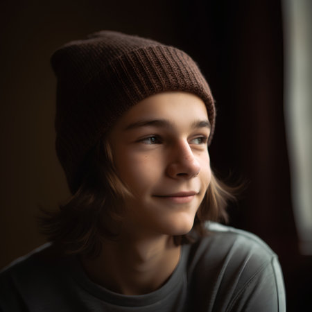 Portrait of a boy in a knitted hat and a sweaterの素材