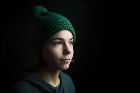 Portrait of a beautiful girl in a green hat on a black backgroundの素材