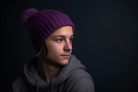 Portrait of a teenage girl in a purple hat and sweatshirtの素材