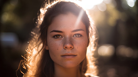 Portrait of a young woman with freckles on her faceの素材