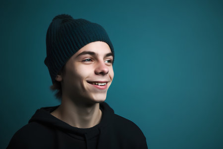 Young man in a hat and a black sweatshirt on a blue backgroundの素材