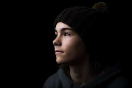 Portrait of a beautiful girl in a hat on a black backgroundの素材