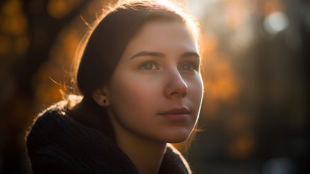 Portrait of a beautiful young woman in the autumn park. Soft focus.の素材