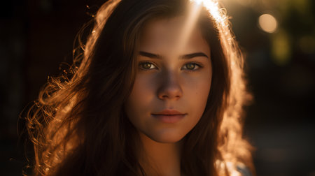 Close-up portrait of a beautiful young woman with long hair.の素材