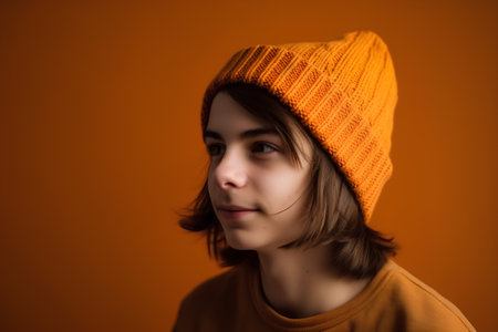 Portrait of a beautiful girl in a hat on a orange backgroundの素材