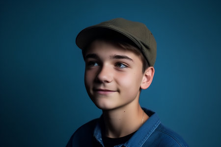Portrait of a boy in a cap on a blue background.の素材