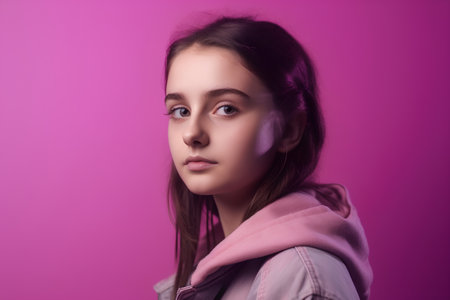 Portrait of a beautiful young woman in pink coat. Studio shot.の素材