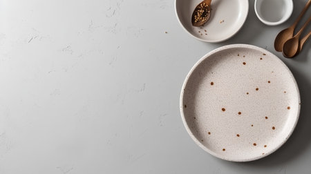 Empty ceramic plate with spoon and fork on white background, top viewの素材